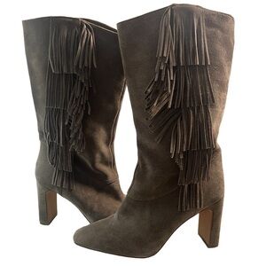 Vince Camuto Sterla Suede Tuscan Taupe Fringe Mid Calf Block Heel Boots Sz 10